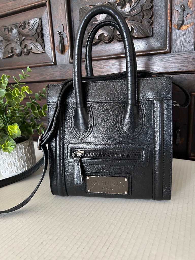 Valentino Black Leather Satchel With Top Handles And Crossbody Strap